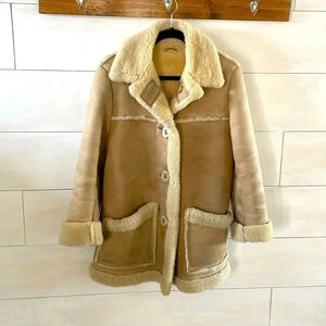 Vintage Genuine Sheepskin Suede Shearling Coat Real Horn Buttons Leather Women’s